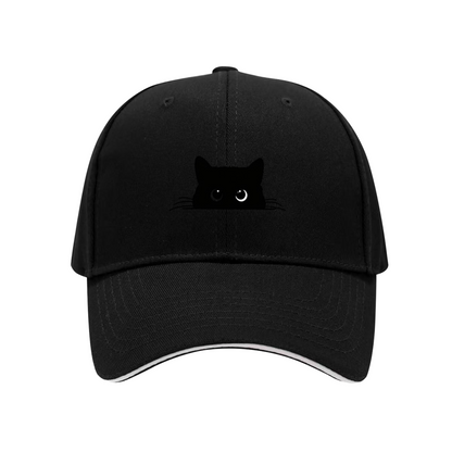 Peeking Black Cat Silhouette White Sandwich Baseball Cap, Cat Mom Cute Peaked Hat