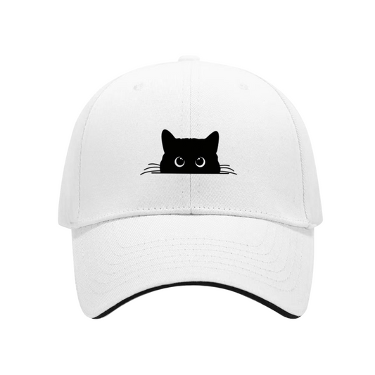 Peeking Black Cat Silhouette White Sandwich Baseball Cap, Cat Mom Cute Peaked Hat