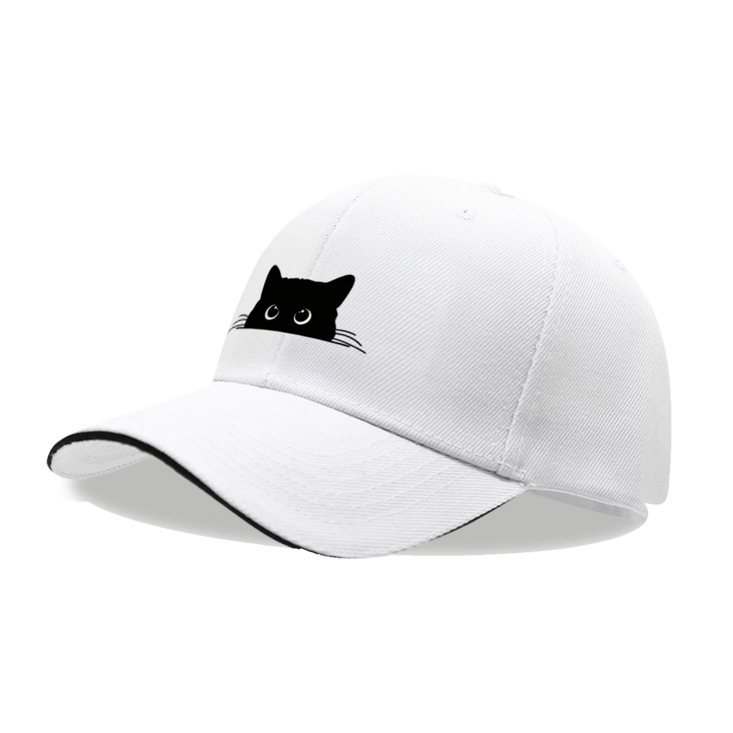 Peeking Black Cat Silhouette White Sandwich Baseball Cap, Cat Mom Cute Peaked Hat