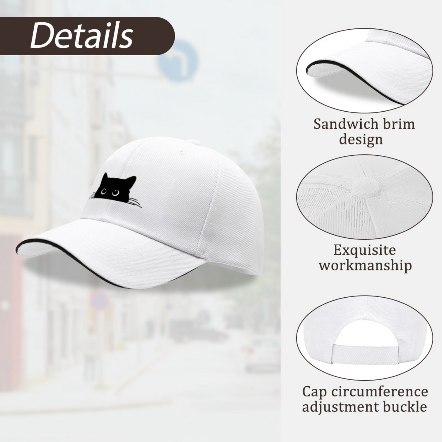 Peeking Black Cat Silhouette White Sandwich Baseball Cap, Cat Mom Cute Peaked Hat
