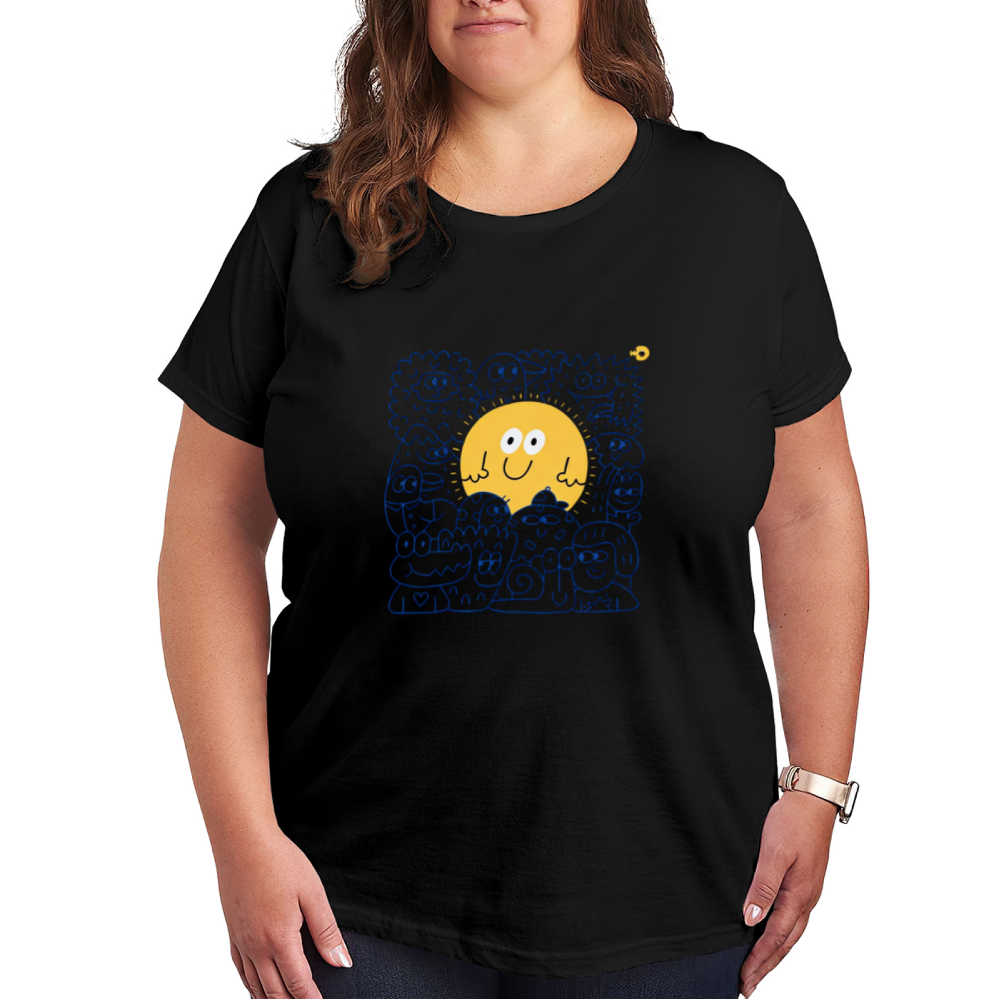 Funny Doodle Sun Monster Line Art Casual Plus Size Women Graphic Tee