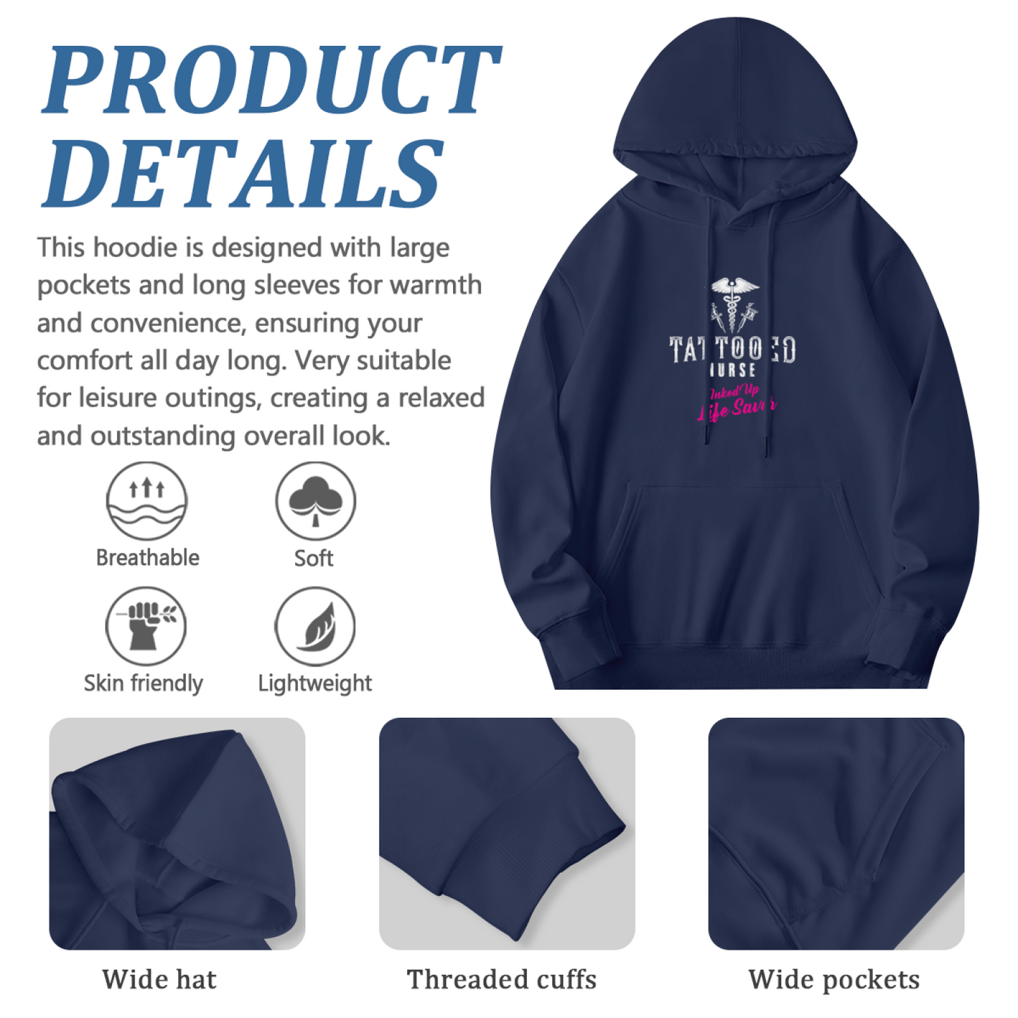 Tattooed Nurse Medical Caduceus Navy Hoodie