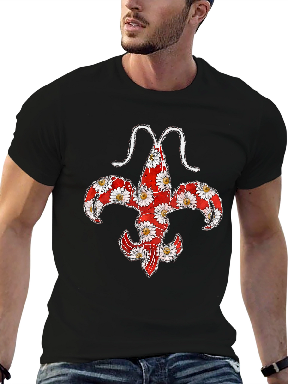 Floral Fleur-de-lis Lobster Graphic T-Shirt
