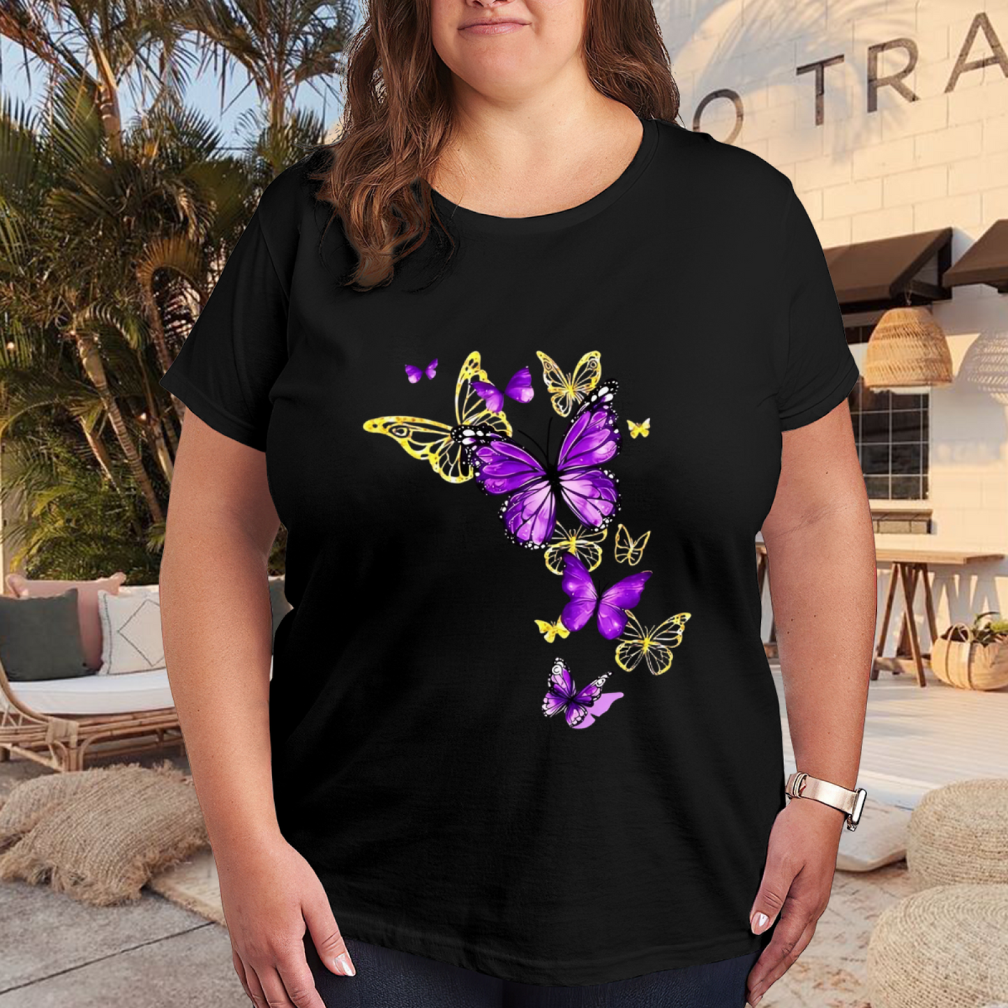 Dreamy Purple Gold Butterfly Gradient Art Plus Size Women Graphic Tee