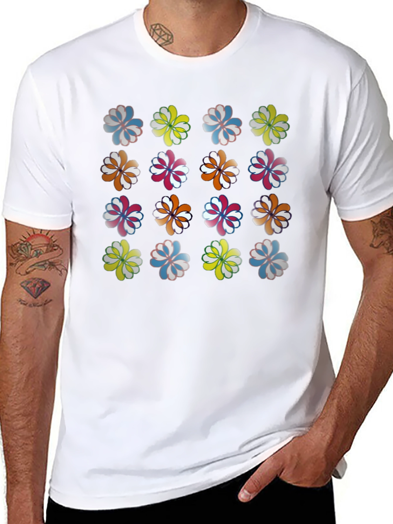 Floral Pattern Crew Neck T-Shirt - Black