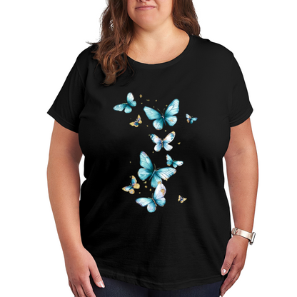 Luxury Gold Foil Sky Blue Watercolor Butterflies Plus Size Women¡¯s Printed T-Shirt