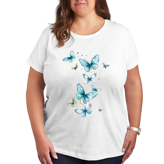 Luxury Gold Foil Sky Blue Watercolor Butterflies Plus Size Women¡¯s Printed T-Shirt