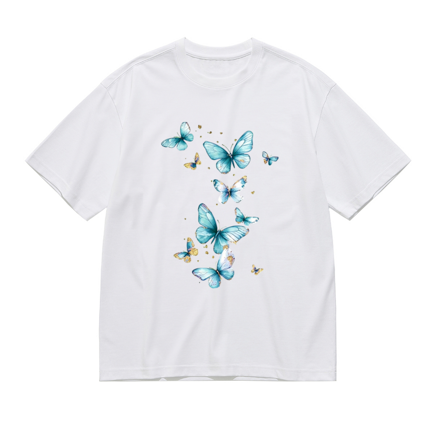 Luxury Gold Foil Sky Blue Watercolor Butterflies Plus Size Women¡¯s Printed T-Shirt
