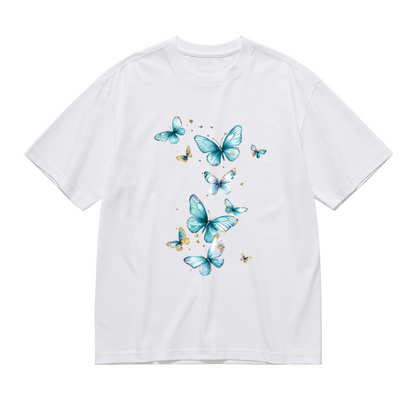 Luxury Gold Foil Sky Blue Watercolor Butterflies Plus Size Women¡¯s Printed T-Shirt