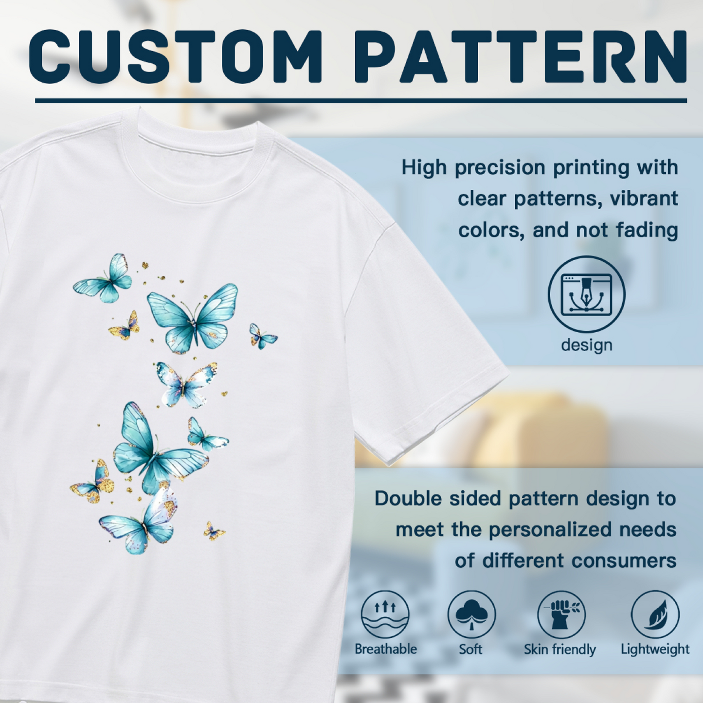 Luxury Gold Foil Sky Blue Watercolor Butterflies Plus Size Women¡¯s Printed T-Shirt