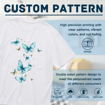 Luxury Gold Foil Sky Blue Watercolor Butterflies Plus Size Women¡¯s Printed T-Shirt