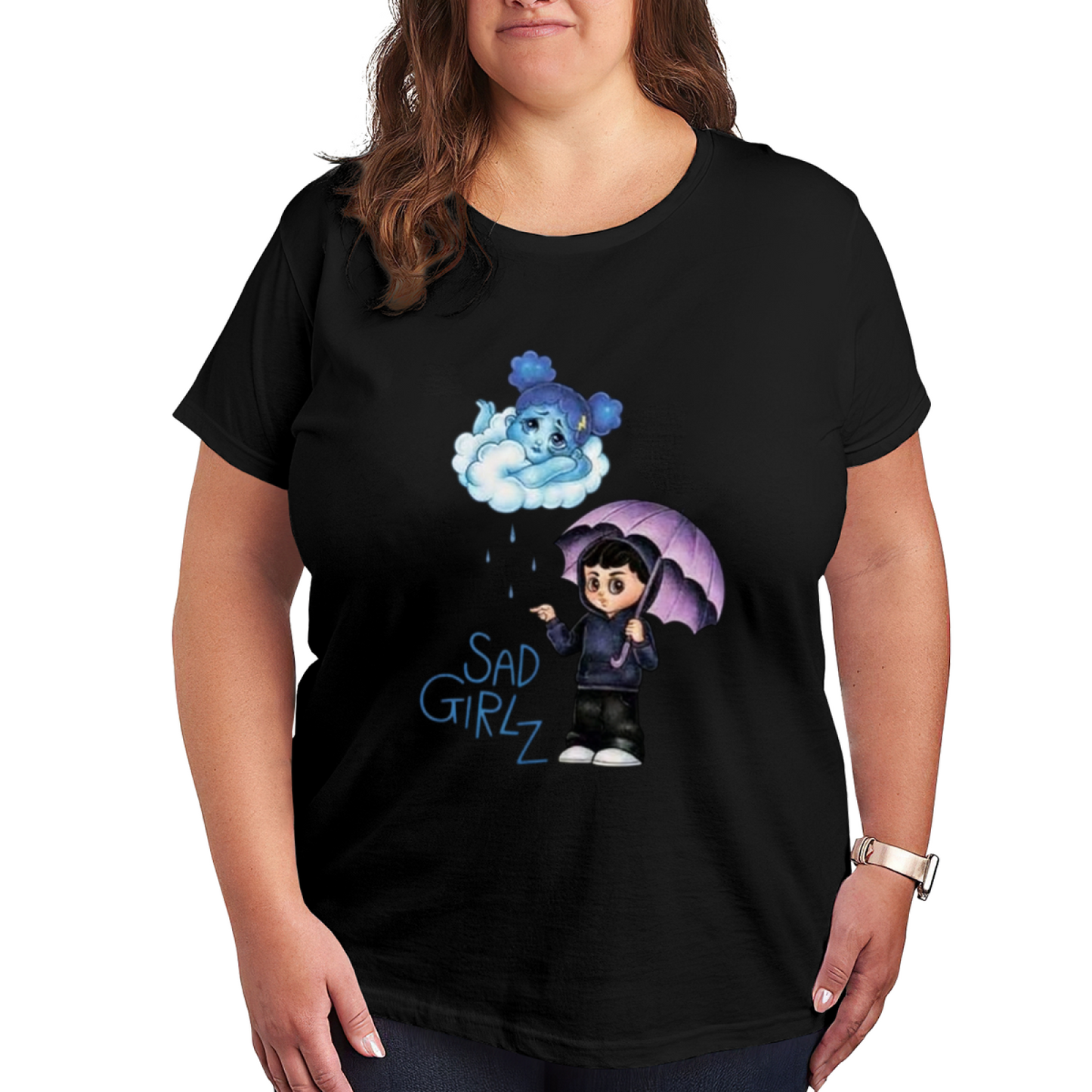 Sad Girlz Cloud Rain Chibi Cartoon Art Plus Size Women Graphic Tee