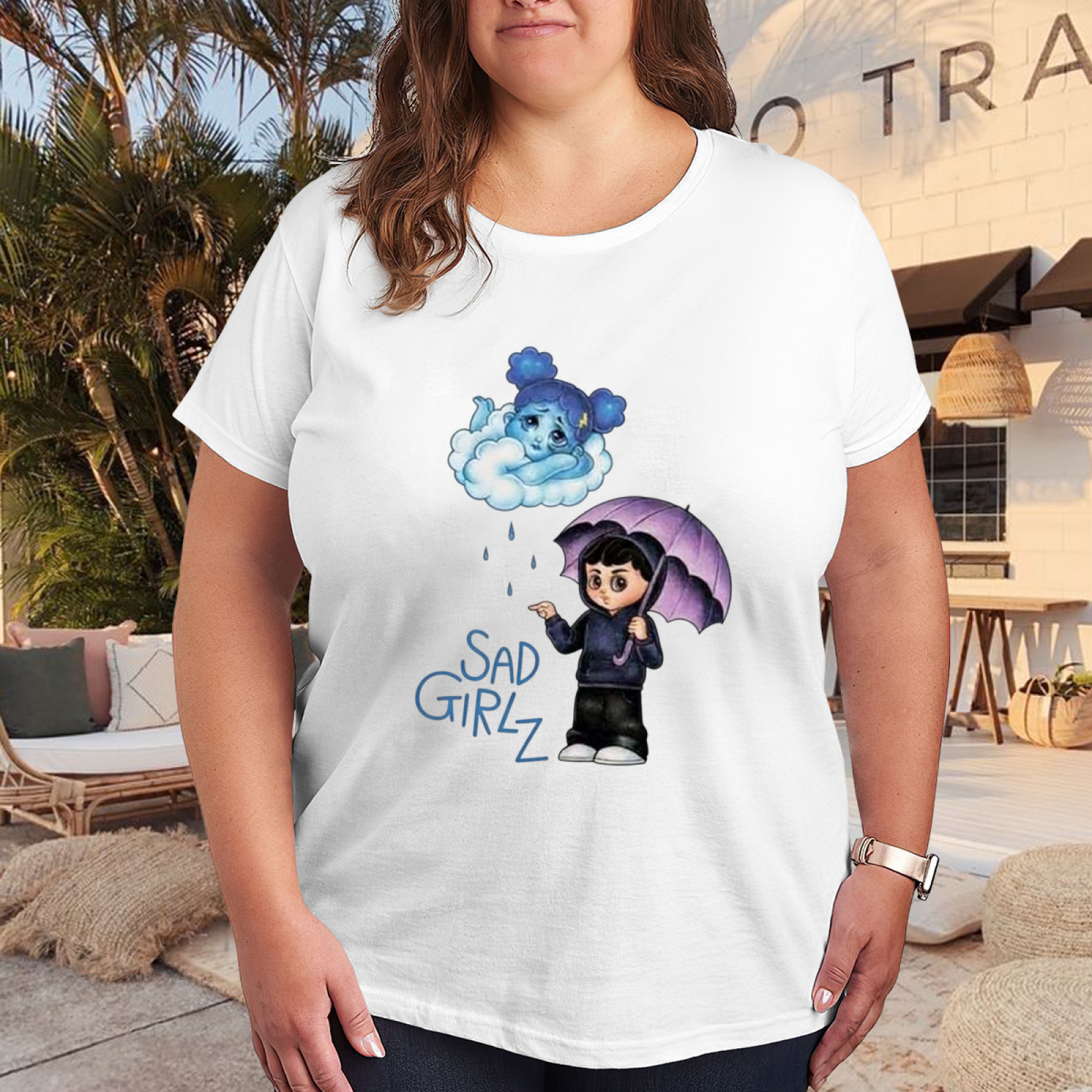 Sad Girlz Cloud Rain Chibi Cartoon Art Plus Size Women Graphic Tee