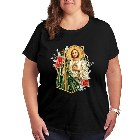 Sacred San Judas Tadeo With Red Roses Faith Plus Size Women's Printed T-Shirt