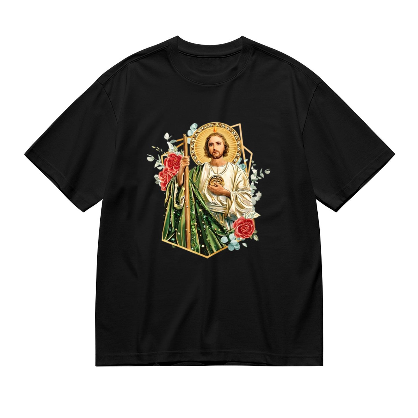 Sacred San Judas Tadeo With Red Roses Faith Plus Size Women's Printed T-Shirt