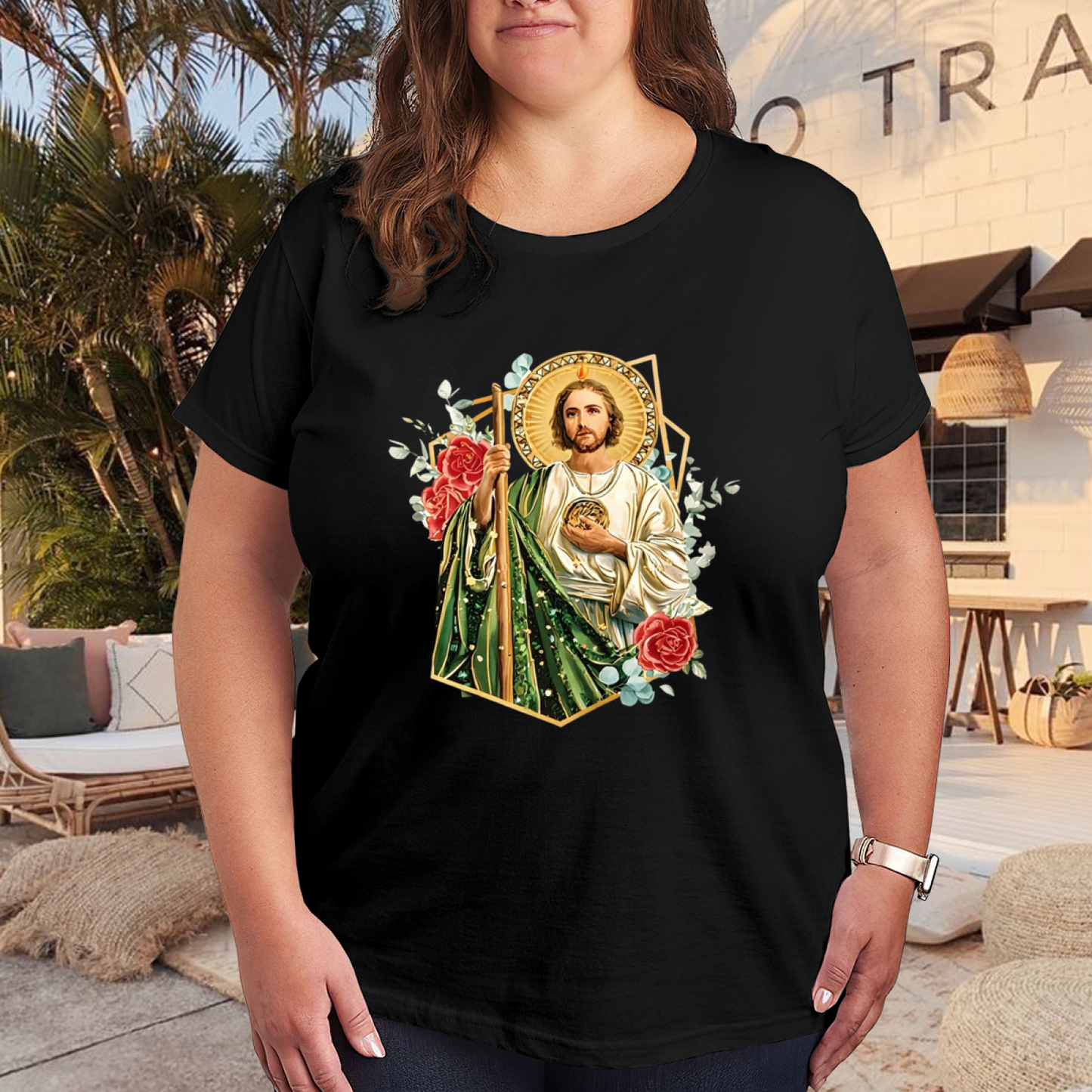 Sacred San Judas Tadeo With Red Roses Faith Plus Size Women's Printed T-Shirt
