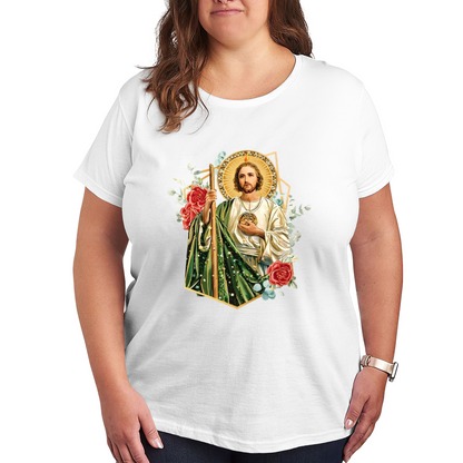 Sacred San Judas Tadeo With Red Roses Faith Plus Size Women's Printed T-Shirt
