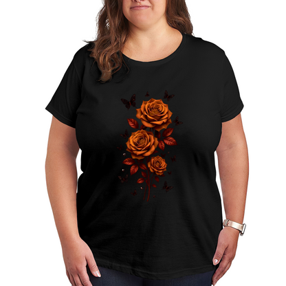 Retro Burnt Orange Rose With Butterfly Art Plus Size Women Printed T-Shirt