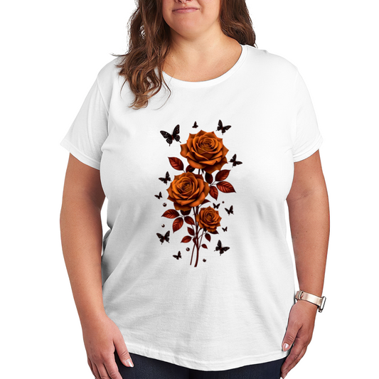 Retro Burnt Orange Rose With Butterfly Art Plus Size Women Printed T-Shirt