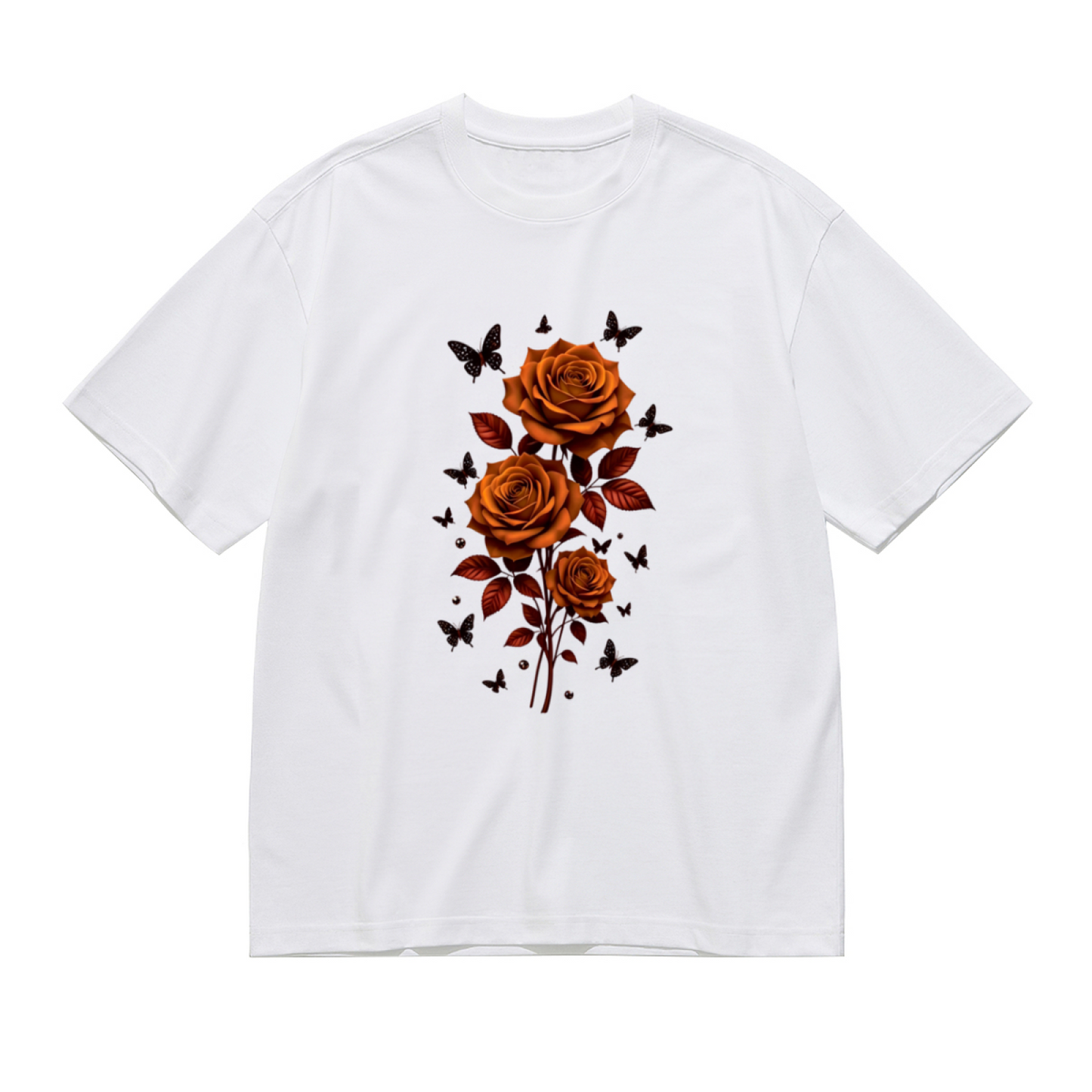 Retro Burnt Orange Rose With Butterfly Art Plus Size Women Printed T-Shirt