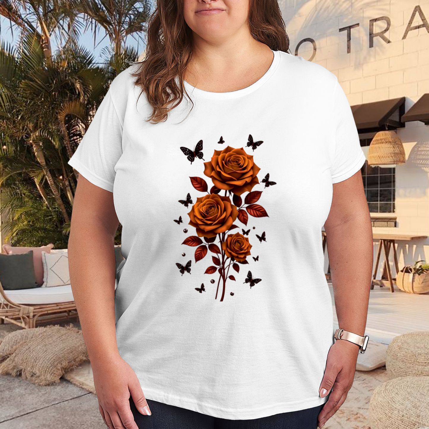 Retro Burnt Orange Rose With Butterfly Art Plus Size Women Printed T-Shirt