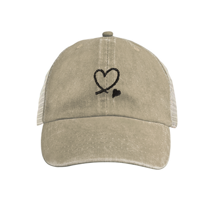 Dual Cross Heart Minimal Embroidery Khaki Distressed Trucker Hat, Soft Vintage Breathable Mesh Cap