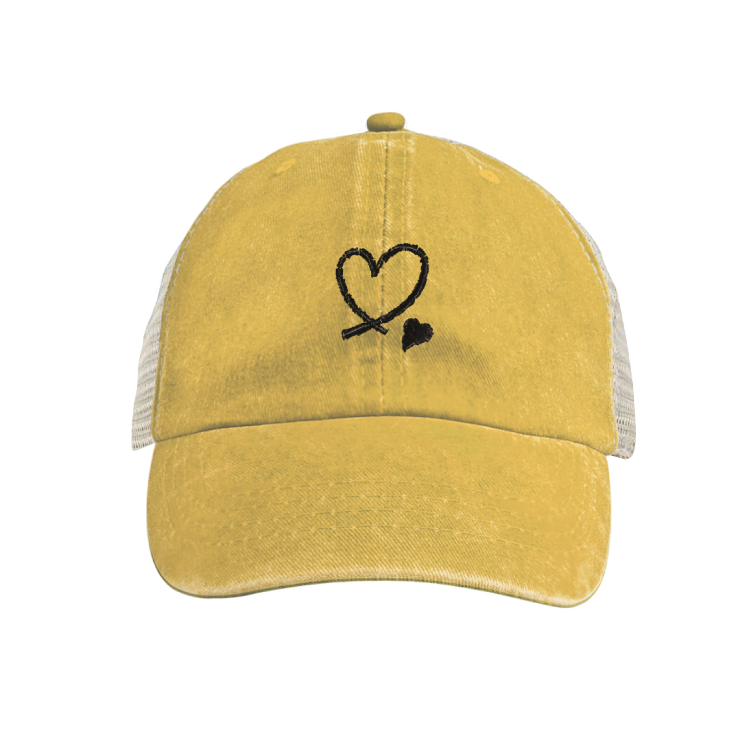 Dual Cross Heart Minimal Embroidery Khaki Distressed Trucker Hat, Soft Vintage Breathable Mesh Cap