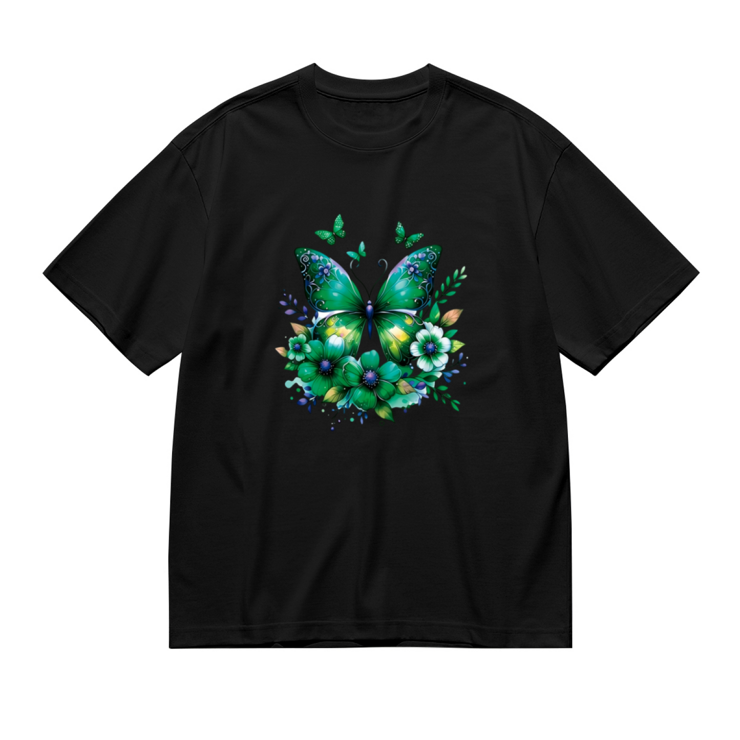 Vivid Green Floral Butterfly Nature Art Plus Size Women¡¯s Printed T-Shirt