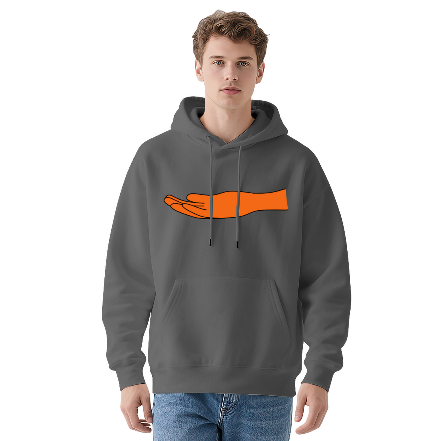 Minimal Orange Hand Graphic White Hoodie, Casual Cozy Top