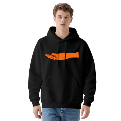 Minimal Orange Hand Graphic White Hoodie, Casual Cozy Top
