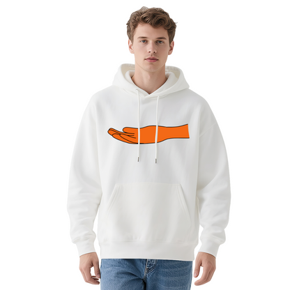 Minimal Orange Hand Graphic White Hoodie, Casual Cozy Top