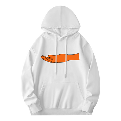 Minimal Orange Hand Graphic White Hoodie, Casual Cozy Top