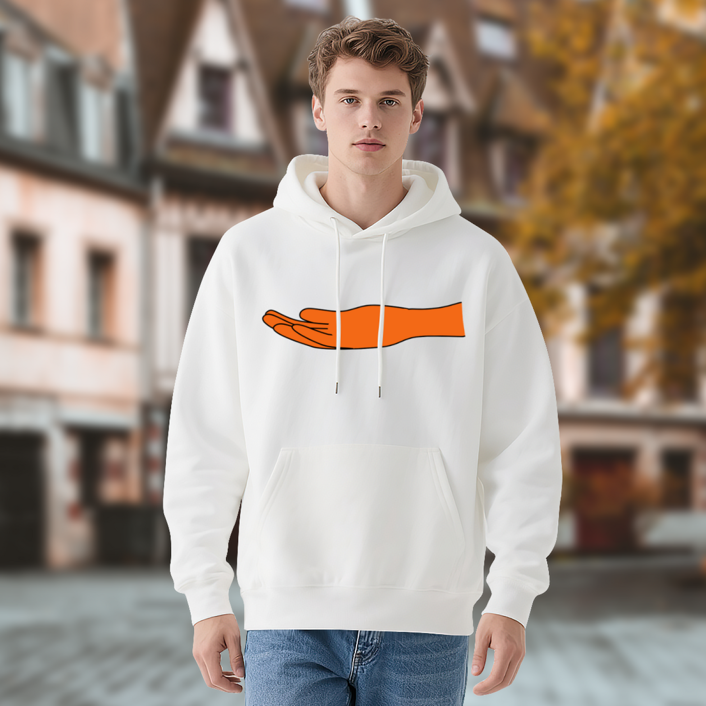 Minimal Orange Hand Graphic White Hoodie, Casual Cozy Top