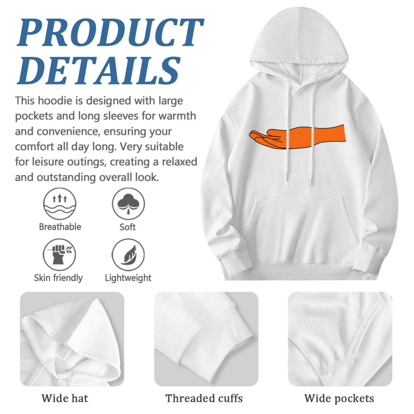 Minimal Orange Hand Graphic White Hoodie, Casual Cozy Top
