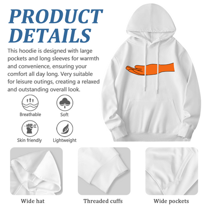 Minimal Orange Hand Graphic White Hoodie, Casual Cozy Top