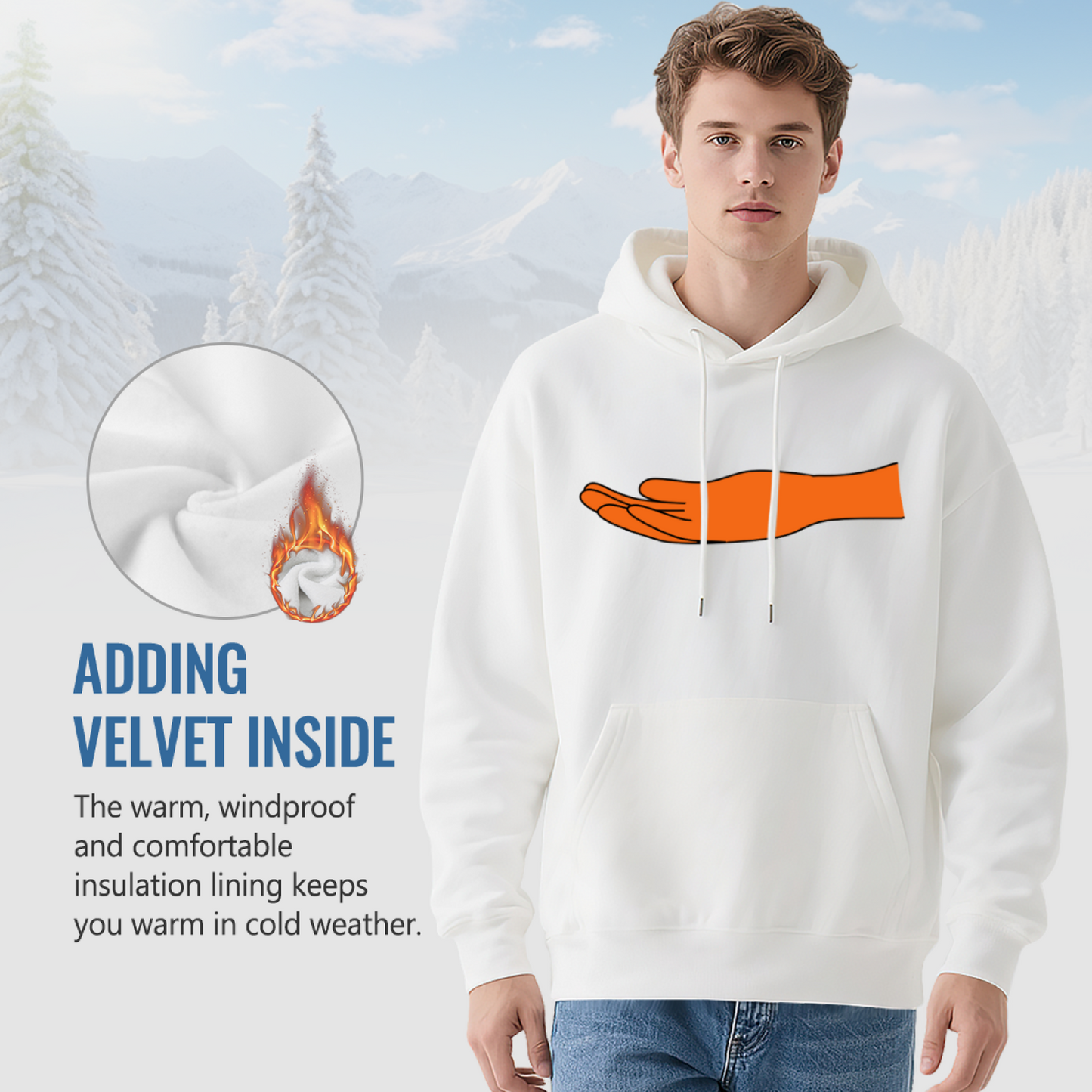 Minimal Orange Hand Graphic White Hoodie, Casual Cozy Top