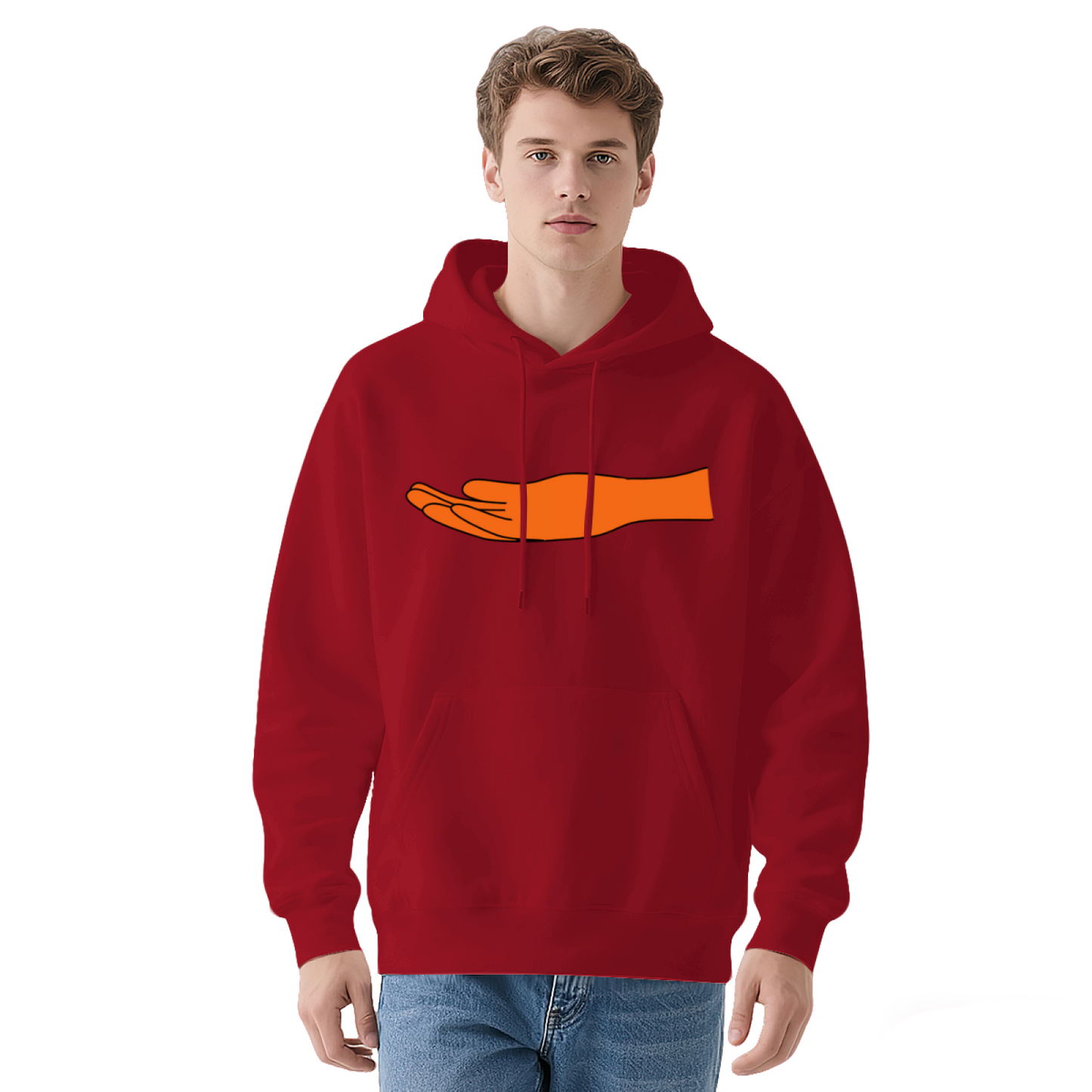 Minimal Orange Hand Graphic White Hoodie, Casual Cozy Top