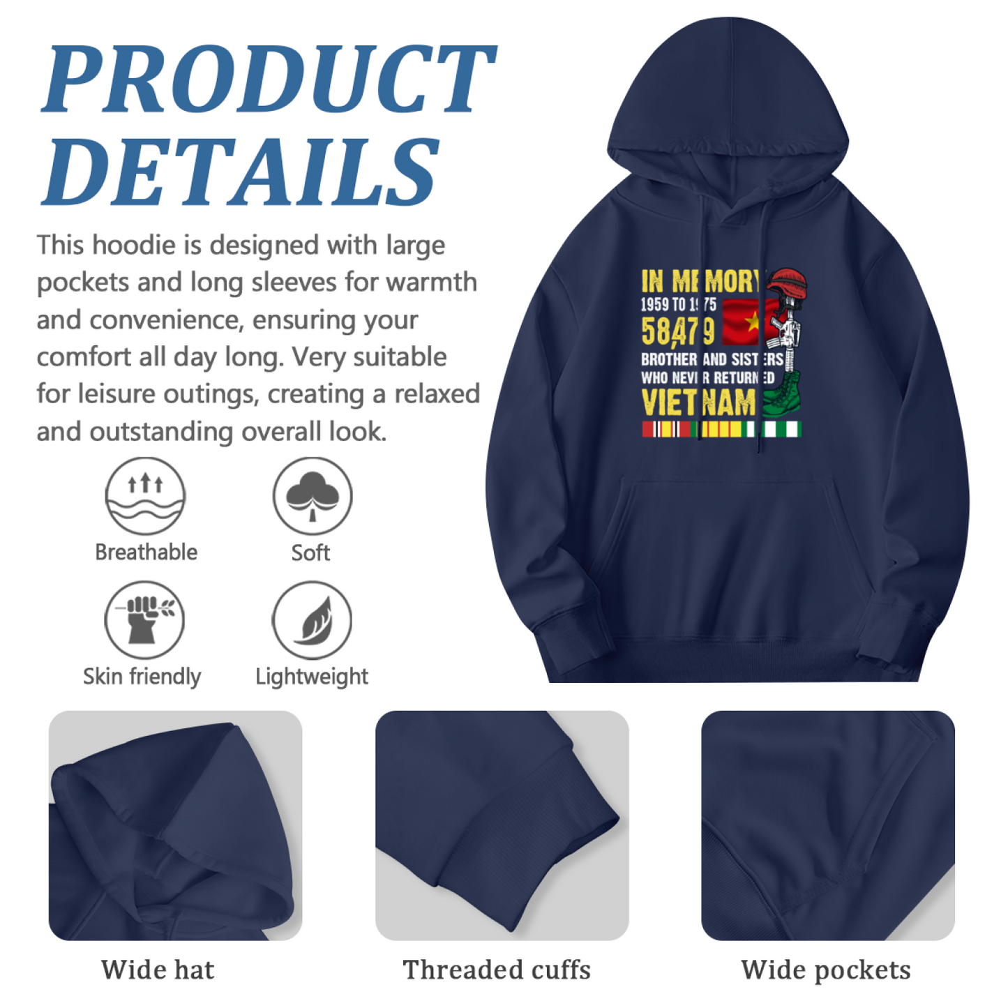 Vietnam War Veteran Memorial Graphic Navy Hoodie, Warm Respectful Daily Hoodie