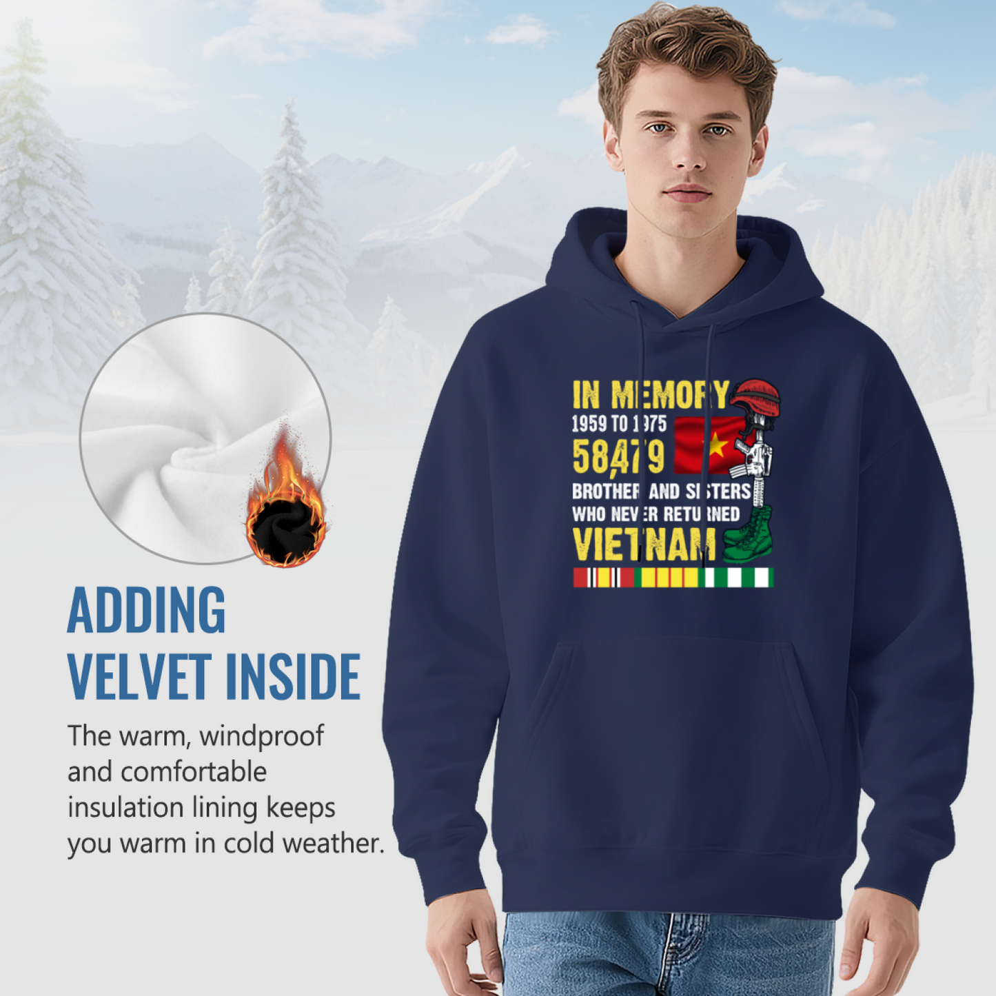 Vietnam War Veteran Memorial Graphic Navy Hoodie, Warm Respectful Daily Hoodie
