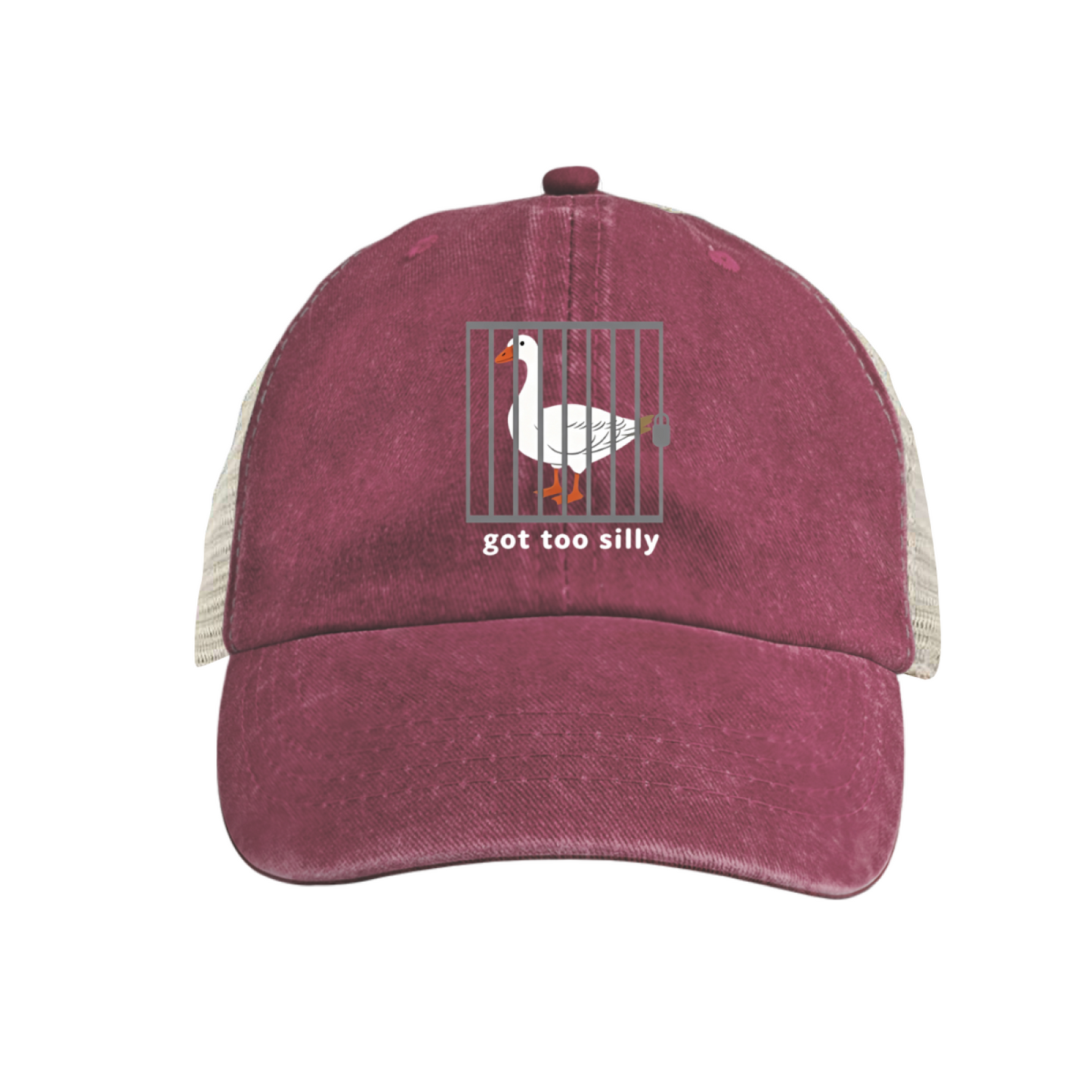 Goose Got Too Silly Cartoon Graphic Maroon Washed Trucker Hat Funny Novelty Mesh Cap