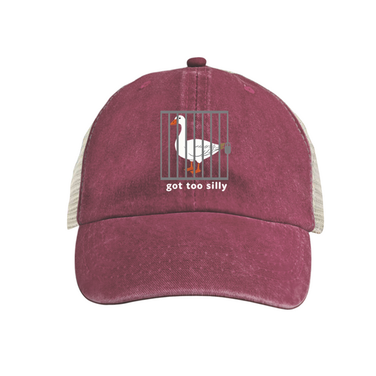 Goose Got Too Silly Cartoon Graphic Maroon Washed Trucker Hat Funny Novelty Mesh Cap