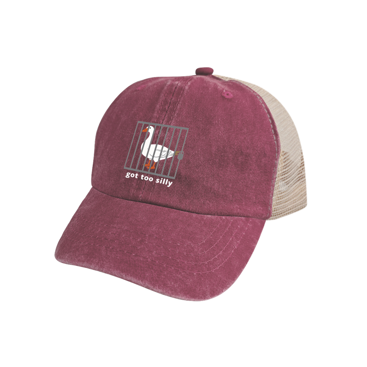 Goose Got Too Silly Cartoon Graphic Maroon Washed Trucker Hat Funny Novelty Mesh Cap