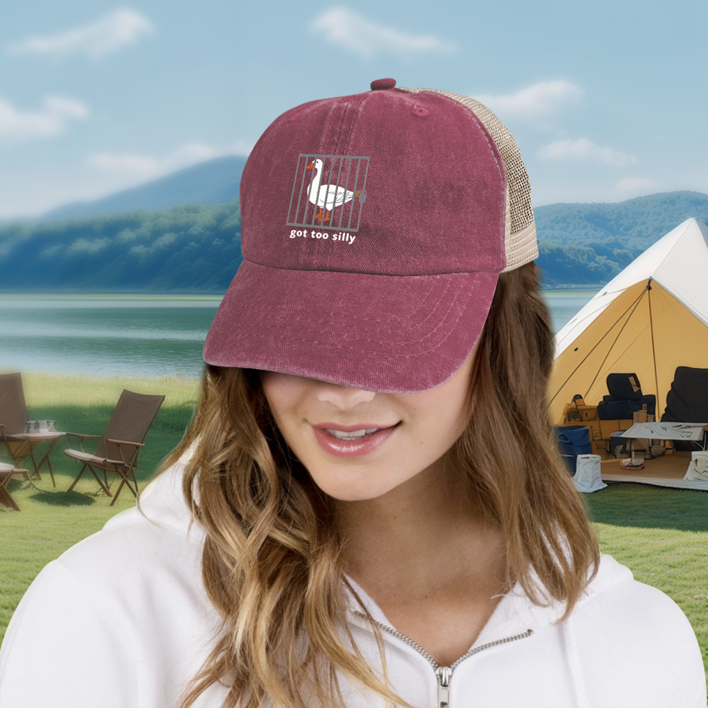 Goose Got Too Silly Cartoon Graphic Maroon Washed Trucker Hat Funny Novelty Mesh Cap