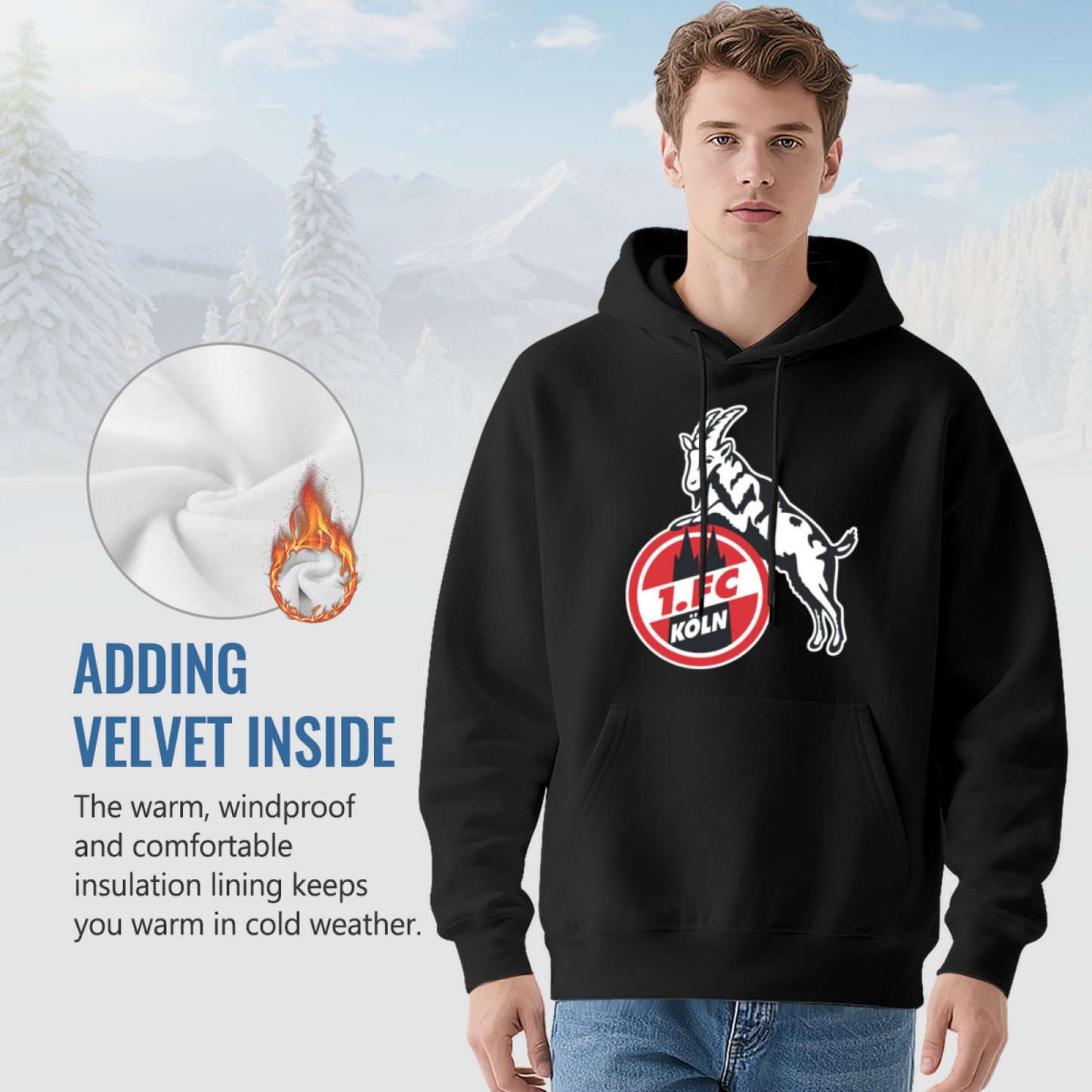 1.FC Köln Goat Football Black Hoodie, Unisex Soccer Fan Soft Warm Hoodie