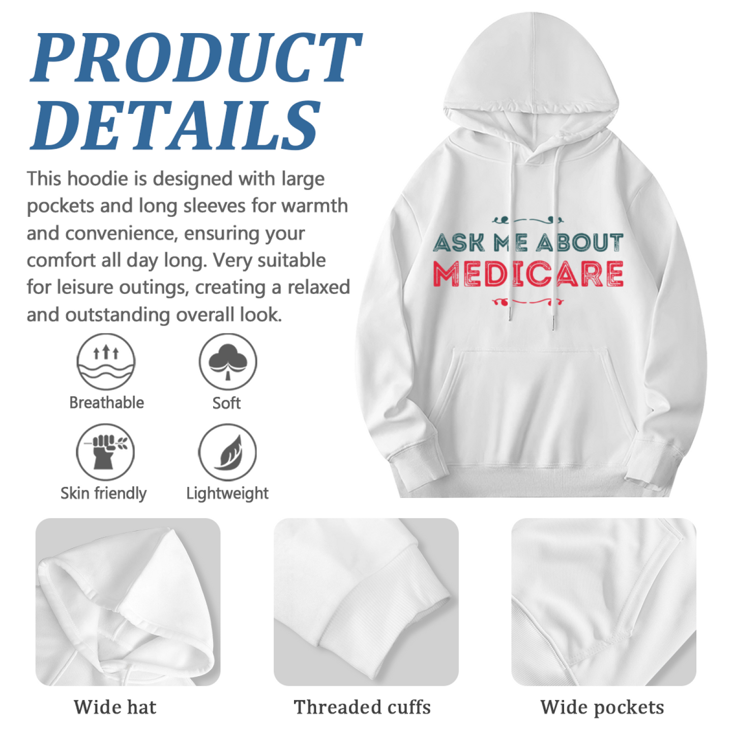 Ask Me About Medicare Vintage Text White Hoodie, Comfort Daily Unisex Top
