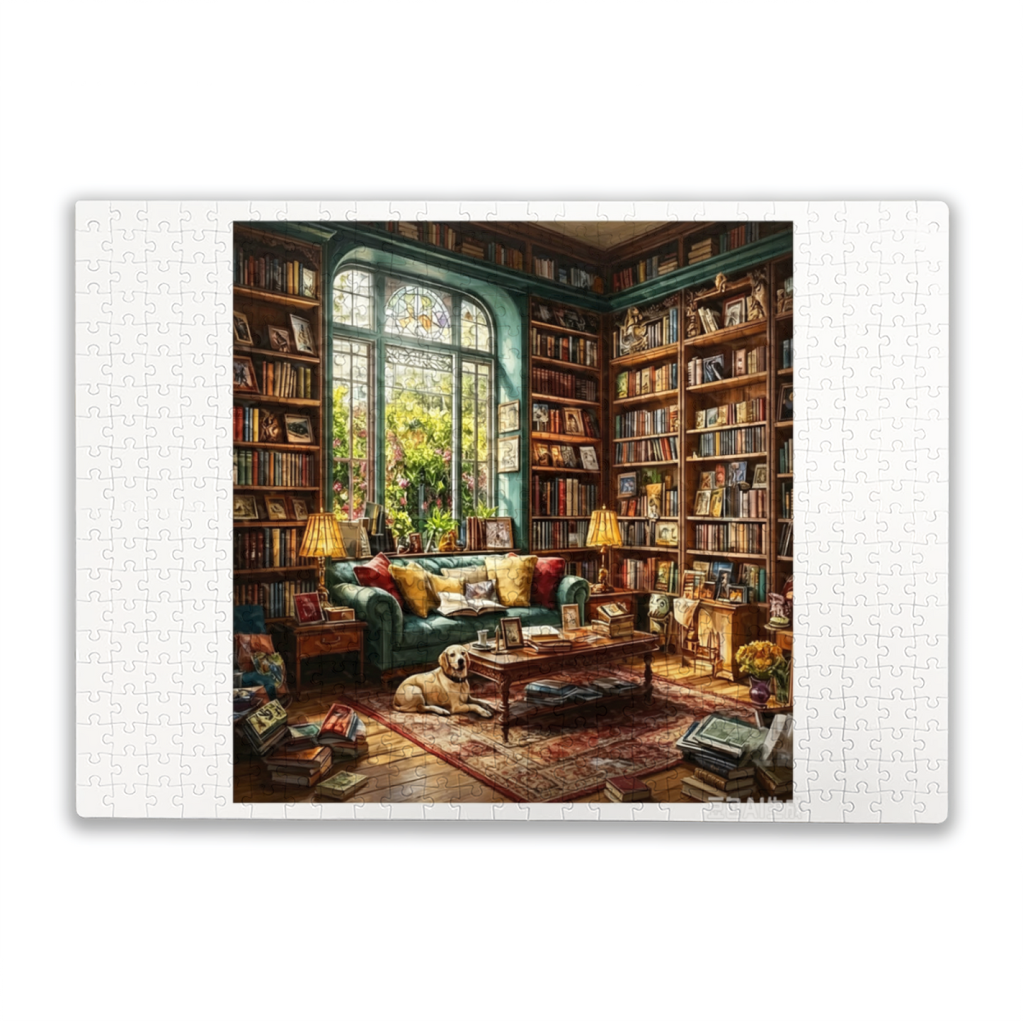 Cozy Vintage Sunlit Library Reading Room Golden Retriever Puzzle