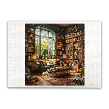 Cozy Vintage Sunlit Library Reading Room Golden Retriever Puzzle