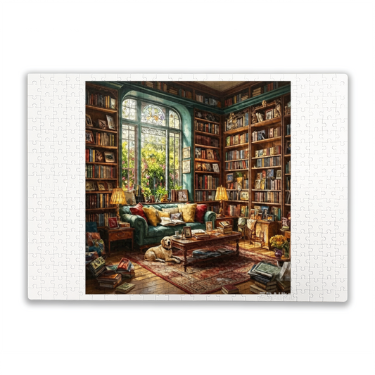 Cozy Vintage Sunlit Library Reading Room Golden Retriever Puzzle