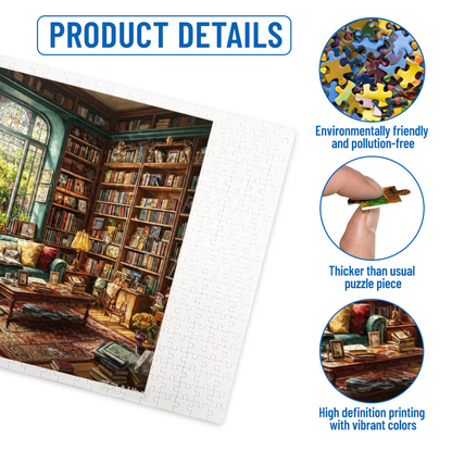 Cozy Vintage Sunlit Library Reading Room Golden Retriever Puzzle