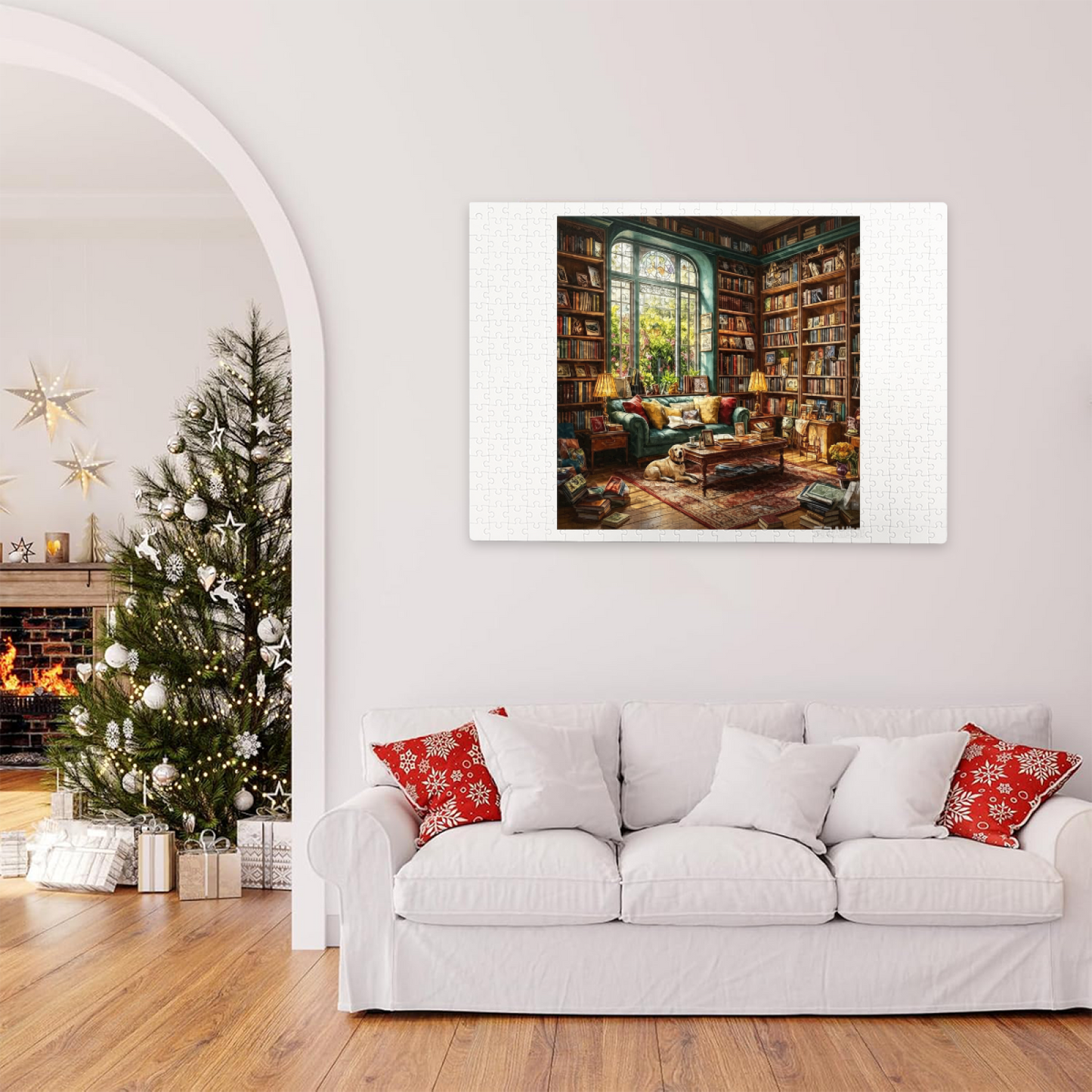 Cozy Vintage Sunlit Library Reading Room Golden Retriever Puzzle